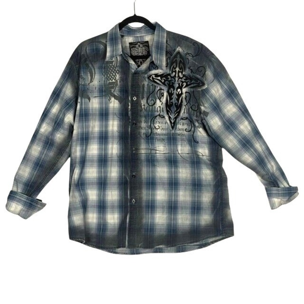 Roar Mens XXXL Calvary Plaid Graphic Button Down Shirt Blue Cross Phoenix Y2K